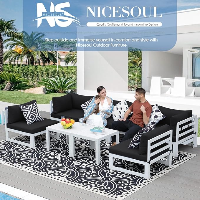 NICESOUL L Shaped Large Modern Aluminum Outdoor Patio Furniture Set, 29" Wide Deep Sitting, Rust Fade Resistant Modular Sectional Sofa, 500 lbs Sturdy Comfy Conversation Set for Backyard Lawn, Black