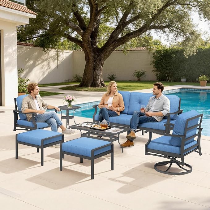 7 Piece Aluminum Patio Conversation Set, Outdoor Metal Furniture Set w/Rocking Swivel Chairs, 3-Seat Sofa, Ottomans and Coffee Side Table, 5" Thickened Cushions for Backyard, Poolside, Blue