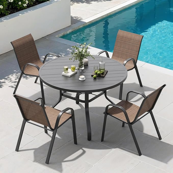 Soohow Outdoor Dining Set for 4, 5-piece Outdoor Patio Dining Set 4 x Stackable Patio Chairs & 1 x Round Table with Umbrella Hole, All-Weather Outside Table and Chairs for Backyard, Balcony, Porch