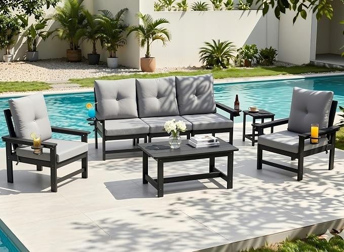 HDPE 7 Piece Patio Furniture Set, Outdoor Sectional Sofa with Coffee Table, Side Table and Seat Cusions, Patio Conversation Set for Party, Backyard, Porch, Deck, Poolside, Black & Grey