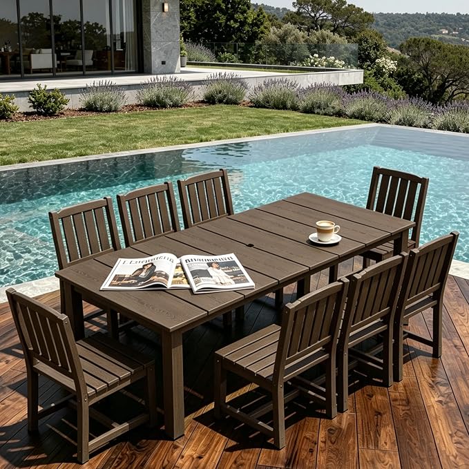 AreShark 9-Piece Outdoor Dining Set,HDPE Patio Table with 8 Armless Chairs,All-Weather Patio Furniture Set with Umbrella Hole,Low Maintenance Wood Grain Dining Set for Backyard,Garden,Poolside,Black