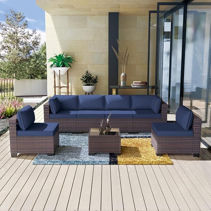 7 Pieces Outdoor Wicker Patio Furniture Set with Rattan Sectional Sofa, Tempered Glass Tea Table and 6 Sand Seat Cushions, Garden Deck Lounge Conversation Couch Set for Backyard Porch