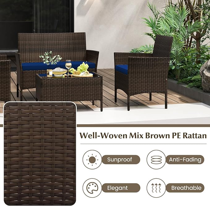 Tangkula 8 Piece Patio Rattan Conversation Set, Outdoor Wicker Furniture Set with Chair, Loveseat & Tempered Glass Table, Cozy Seat Cushions, Outside Sectional Sofa Set for Backyard, Porch