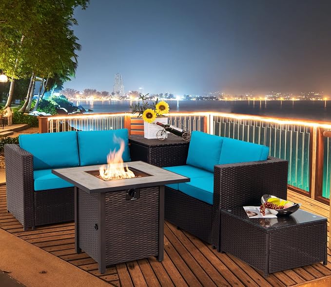 Tangkula 5 Piece Patio Furniture Set with 30 Inches 50,000 BTU Gas Fire Pit Table, Outdoor Wicker Conversation Sectional Sofa Set with Storage Box and Coffee Table, for Poolside, Deck (Turquoise)
