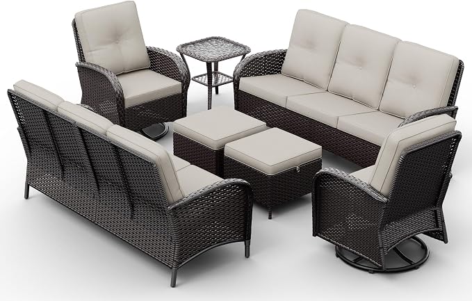 Joyside Wicker Patio Furniture Set, 7 Piece Outdoor Furniture Set with Thickened Cushions, High Back, Deep Seating, Wide Armrest, Outdoor Swivel Rocker Chairs for Porch, Deck