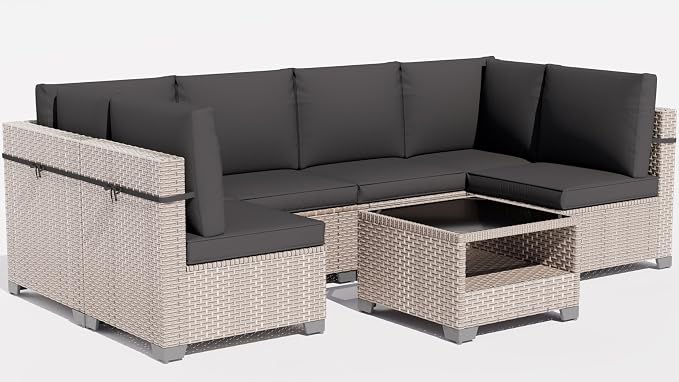 11 Pieces Patio Furniture Set, Outdoor Sectional Wicker Sofa with Thick Cushions and Storage Coffee Table, Rattan Patio Conversation Sets for Deck Garden Poolside, Black