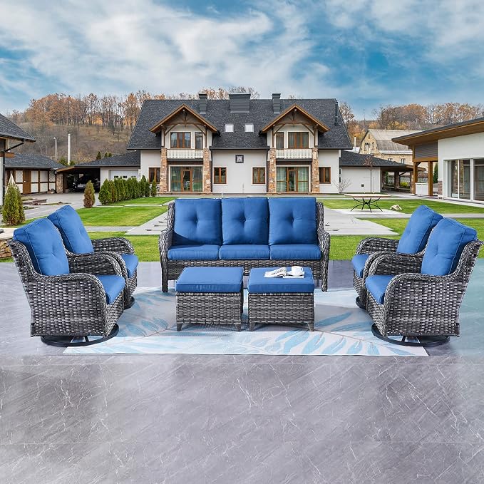 Rilyson Wicker Patio Furniture Sets - 7 Piece Rattan Outdoor Sectional Conversation Set with 4 Swivel Rocking Chairs,2 Ottomans and 1 Sofa for Porch Deck Garden(Mixed Grey/Blue)