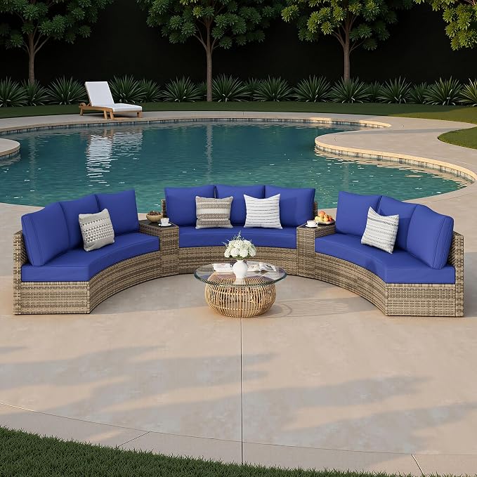 Jocisland 11-Piece All-Weather Wicker Conversation Set with Storage Table, Half-Moon Outdoor Sectional Sofa with Removable Cushions, Rattan Patio Furniture Set for Backyard, Garden & Deck, Blue