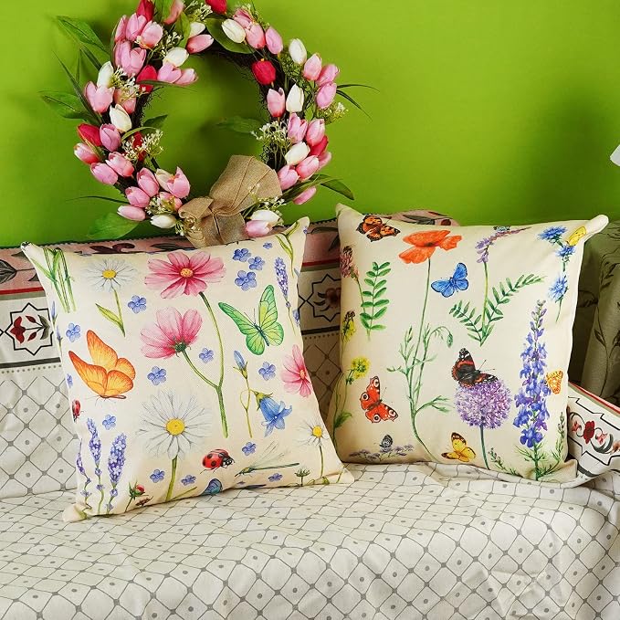 ONWAY Spring Summer Outdoor Waterproof Pillow Covers 20x20 Inch Set of 4 Floral Farmhouse Throw Pillows Decorative Cushion Cases for Outdoor Couch Sofa Patio Furniture Home Decoration