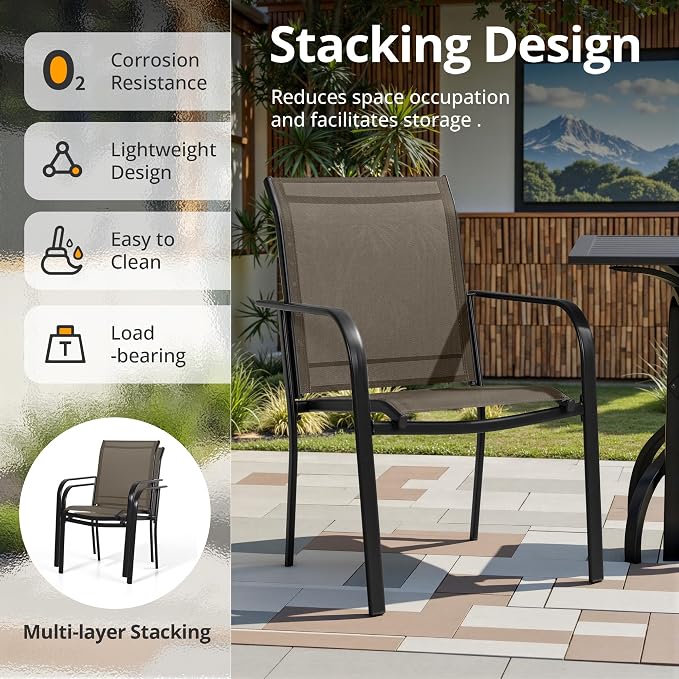 Crownland 5 Piece Patio Dining Set, Outdoor Textilene Dining Sets, 4 Textilene Metal Chairs and Square Outdoor Dining Table with Sky Blue 9FT Round Outdoor Umbrella (Brown)