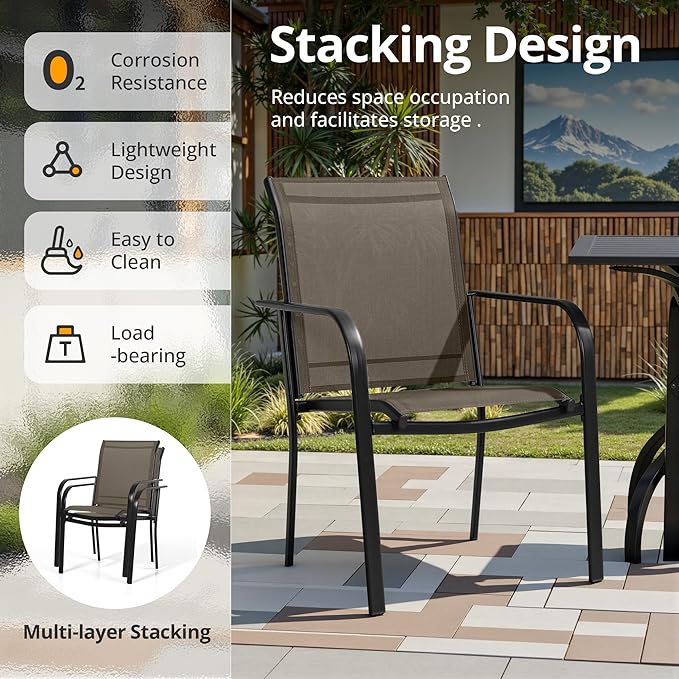Crownland 5 Piece Patio Dining Set, Outdoor Textilene Dining Sets, 4 Textilene Metal Chairs and Square Outdoor Dining Table with Sky Blue 9FT Round Outdoor Umbrella (Brown)