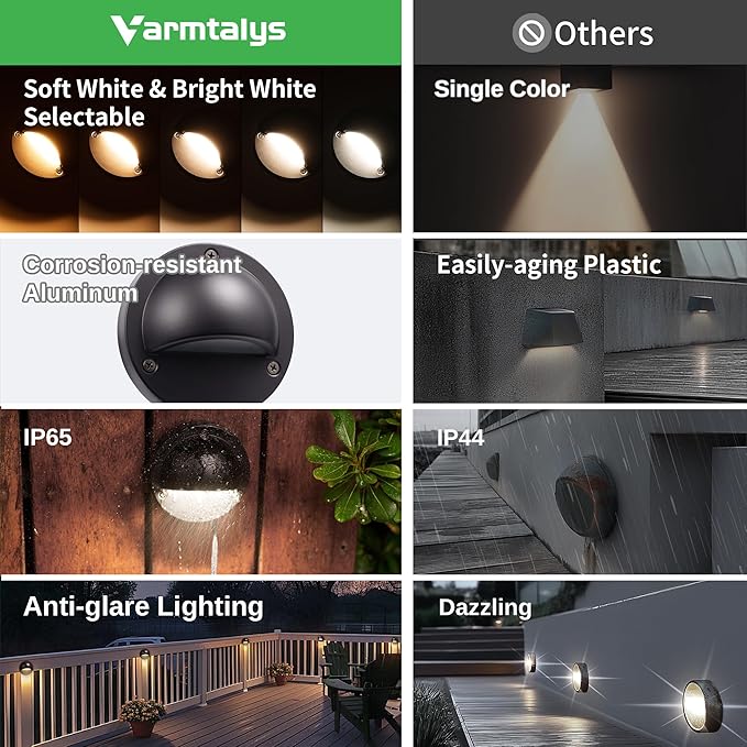Low Voltage LED Step Lights - 12V Landscape Hardwired Waterproof Lighting, Outdoor Deck Lights 5 Color Temperature Dimmable, Aluminum Black for Wall Garden Fence Handrail 12 Pack