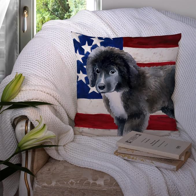 Caroline's Treasures BB9699PW1414 Newfoundland Puppy Patriotic Fabric Decorative Pillow Machine Washable, Indoor Outdoor Decorative Pillow for Couch, Bed or Patio, 14Hx14W