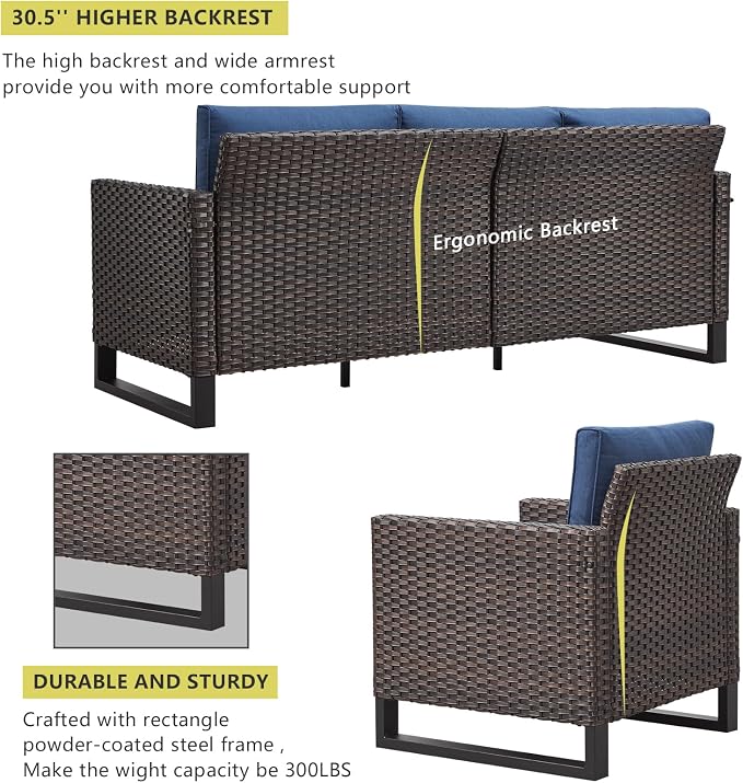 HUMMUH 8 Piece Patio Furniture with Fire Pit,PE Wicker Outdoor Conversation Sets-6-Seater Sofa,Patio Swivel Chairs Outdoor Chairs, Propane Fire Pit,Side Table for Porch,Garden,Backyard(Brown/Blue)