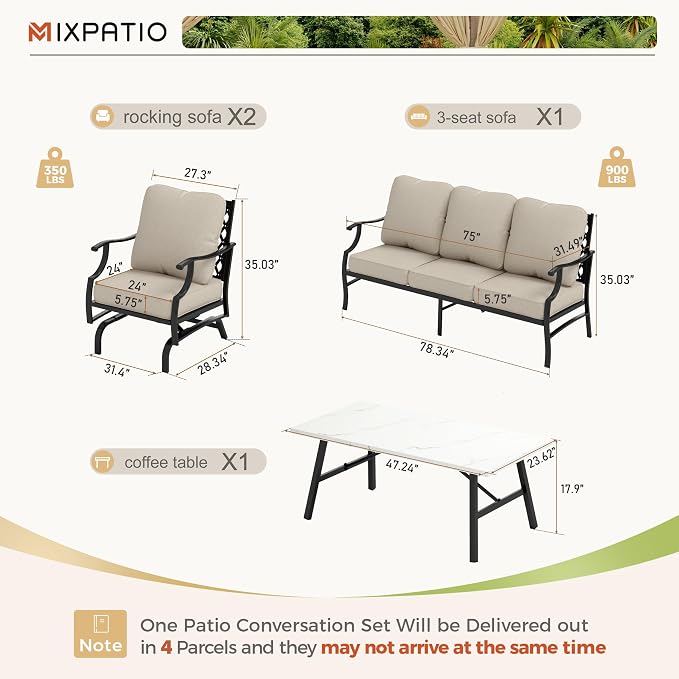 MIXPATIO Patio Furniture Set 4 pcs, Outdoor Patio Furniture, 3-Seat Sofa, 2 Rocking Chairs, Metal Coffee Table and 5.75" Extra Thick Cushion, Patio Conversation Set for Garden Backyard Deck,Beige