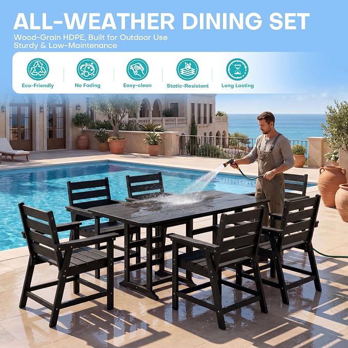 7-Piece Dining Set, HDPE Table & 6 Chairs, Black | HDPE Dining Set,67" Table+6 Chairs, 380 lbs, 304 Stainless, All-Weather,No Rust No Crack,Outdoor Patio Garden