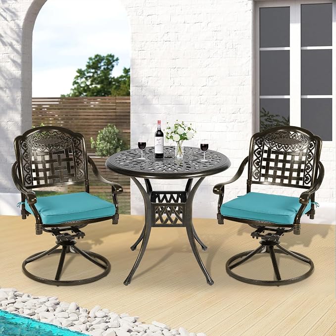 3-Piece Outdoor Patio Dining Set, All-Weather Cast Aluminum Patio Furniture Set for Backyard Garden Deck with 2 Swivel Cushioned Chairs and 31” Round Table, 2" Umbrella Hole, Ocean Blue