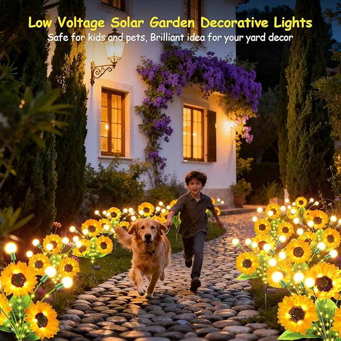 Garpar Solar Lights Outdoor Garden Decor, 4 Pack 800mAH Swaying Solar Firefly Lights with Bigger Sunflowers, Brighter Waterproof Solar Flower Lights for Outside Yard, Gifts for Mom Grandma Women