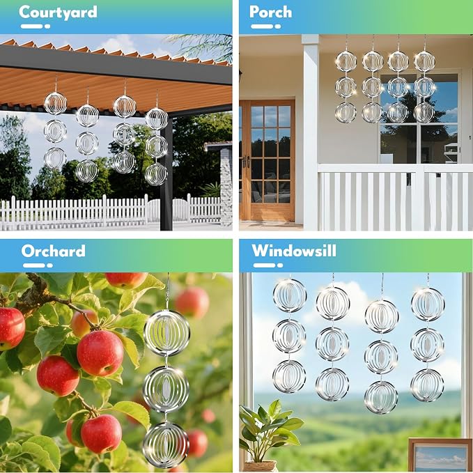 Bird Deterrents for Outside, 12 Discs Stainless Steel 3D Wind Spinners Garden Decor, 4 Sets Reflective Bird Scare Devices to Keep Woodpeckers, Pigeons Away from Patio, Balcony, Porch, Deck