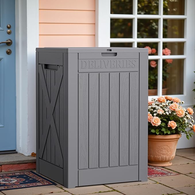 Greesum 52 Gallon Outdoor Resin Package Delivery Box for Porch, Lockable Secure Double-Wall, Waterproof Deck Box for Package Protection, Gray