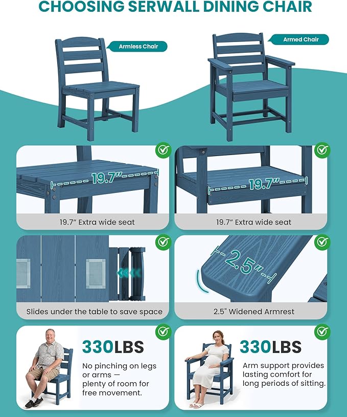 SERWALL 59" Outdoor Dining Set for 4, w/ 1 Table & 4 Armless Chairs, Blue | Armless Patio Dining Sets for All Weather Use