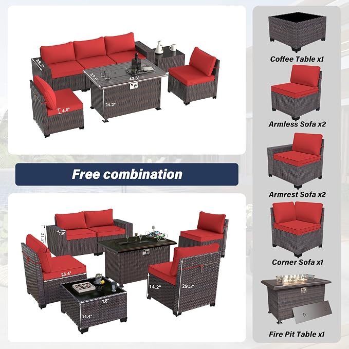 Kurapika 7 Pieces Patio Furniture Set, Rattan Wicker Outdoor Conversation Sets w/43in Propane Fire Pit Table and 4 Inch Cushion(Red)