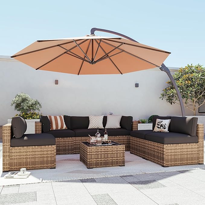 Aoxun Patio Furniture Sets, 8-Piece Outdoor Patio Furniture with 11FT X 11FT Cantilever Umbrella, Wicker Outdoor Conversation Set Sectional Sofa for Backyard, Poolside, Garden