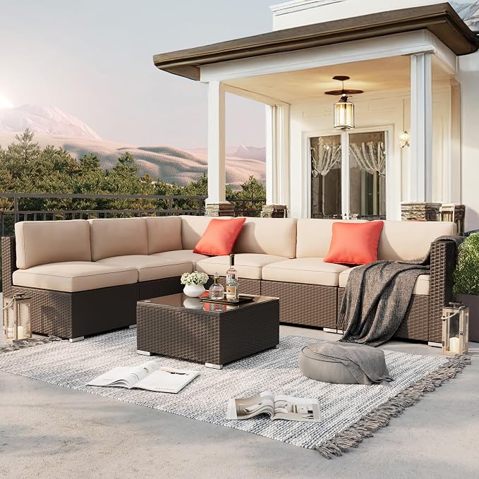 SUNCROWN 7-Piece Outdoor Patio Furniture Sofa Set All-Weather Black Wicker Sectional Conversation Set with Modern Glass Coffee Table and Cushions, Backyard, Garden, Poolside, Brown