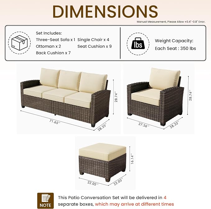 CAODOC 7 Pieces Rattan Patio Furniture Set, 4 x Single Chair, 2 x Ottoman and 3-Seat Sofa with Cushions, 9 Seats Outdoor Wicker Sectional Conversation Set for Garden, Poolside, Backyard