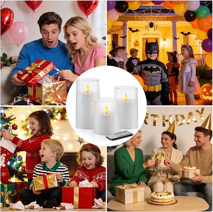 Homemory 3"×4" 5" 6" Battery Candles with Remote & Timer, White Acrylic Realistic Flickering LED Pillar Candles, Waterproof Fake Candle for Home and Lantern Decor, Set of 3