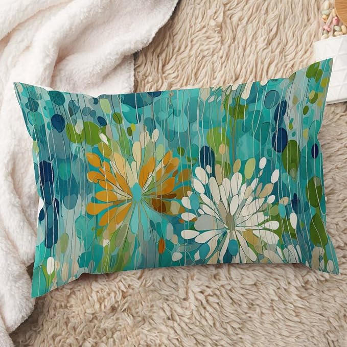 Rectangular Cushion Cover Make It Rain Fiesta Pillows Farmhouse Rainbow Teal Flower Pillow Cover Accent Farmhouse Decor Pillow for for Couch Bedroom Sofa Living Room 12x20in
