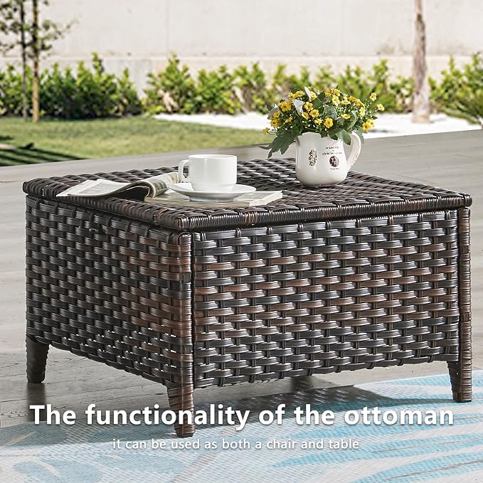 Rilyson Luxury Outdoor Wicker Patio Ottomans Set of 2, 250 lbs Capacity Rattan Large Ottomans for Patio Footrest Set 22.8in*22.8in*14in with 3.5in Thick Cushion (Mixed Grey/Grey)