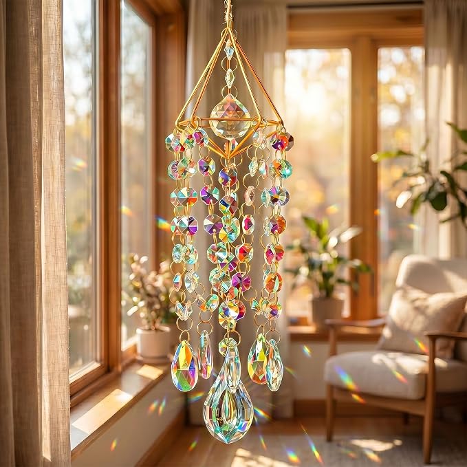 Crystal Suncatcher for Windows Hanging Glass Wind Chimes Whimsical Decor | Hand-plated,Prism Sun Catcher with Crystals,Rainbow Maker for Ceiling Garden Home Indoor Outdoor,Gift For Women