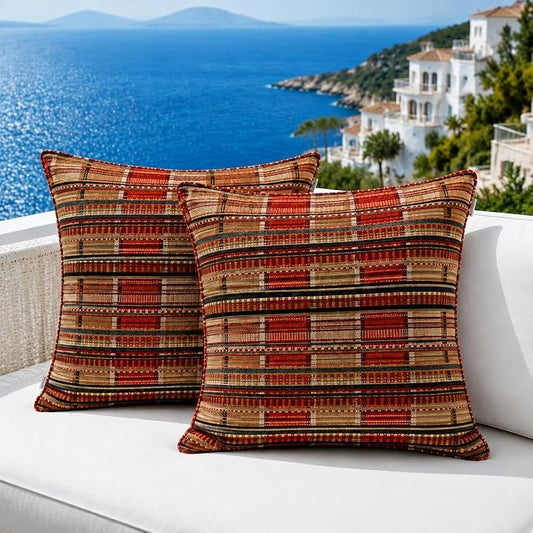 Outdoor Pillow Covers Waterproof Throw Pillow Covers, Set of 2 Jacquard Texture Water Resistant Fade Resistant Decorative Cushion Covers for Garden Patio Bench Couch Sofa, 18x18 Inch (Bohemian Orange)