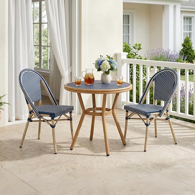 PURPLE LEAF 3-Piece French Bistro Dining Set Round Outdoor Patio Table and 2 Armless Chairs Tempered Glass Top PE Rattan Champagne Print Finish Aluminum Frame Navy Blue