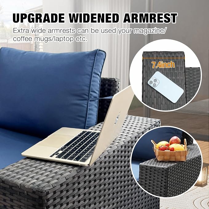 JOYURE 10 Pieces Patio Furniture Set All-Weather Outdoor Wicker Sectional Conversation Sofa Rattan Patio Seating Sofa with Cushion and Glass Table for Porch Poolside,Navy