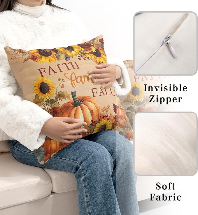 Fall Pillow Covers Pumpkin Sunflower Throw Pillow Covers Autumn Thanksgiving Harvest Pillow Case 22x22 Set of 2 Double Sided Printing Cushion Case for Couch Sofa