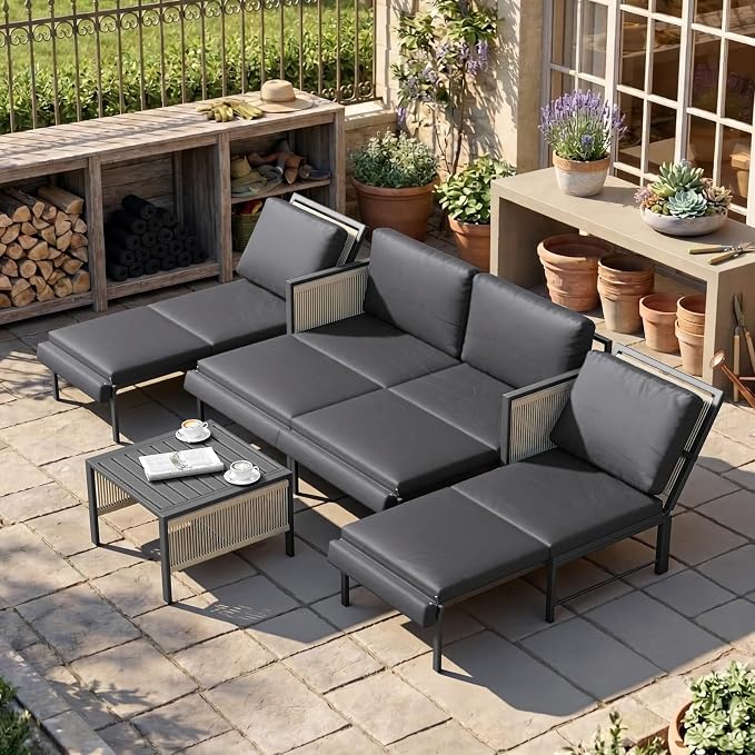 AECOJOY Aluminum Patio Sectional Sofa Set with Coffee Table, 4-Seat | Outdoor Conversation Set, Porch & Deck Use, Includes Central Table, Sectional Couch