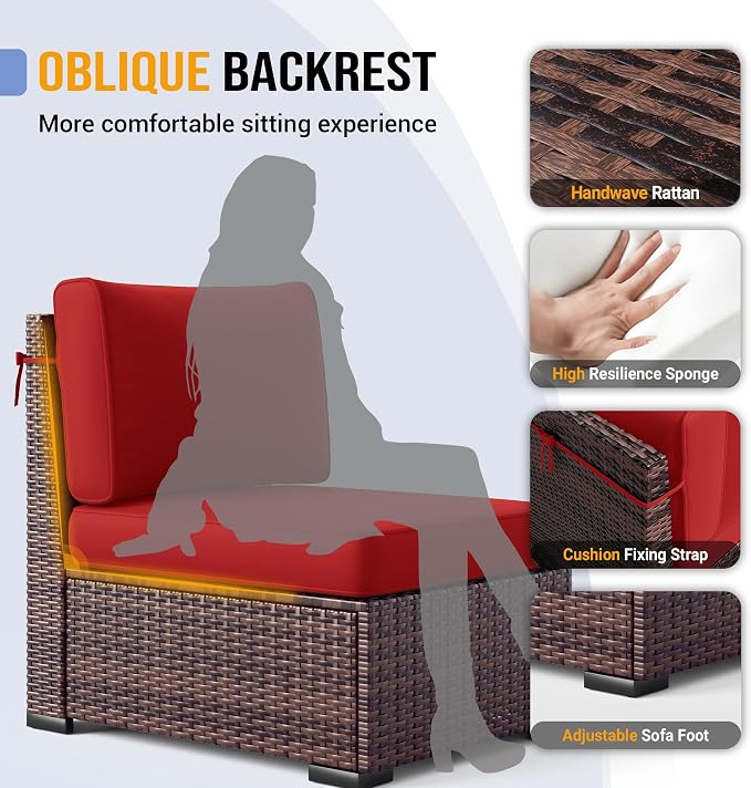 Outdoor Patio Furniture Set with 44" Fire Pit Table 8 Pieces Rattan Patio Sectional Sofa Conversation Set w/55000 BTU Propane Gas Fire Pit, Coffee Table, 2 Waterproof Covers, Red