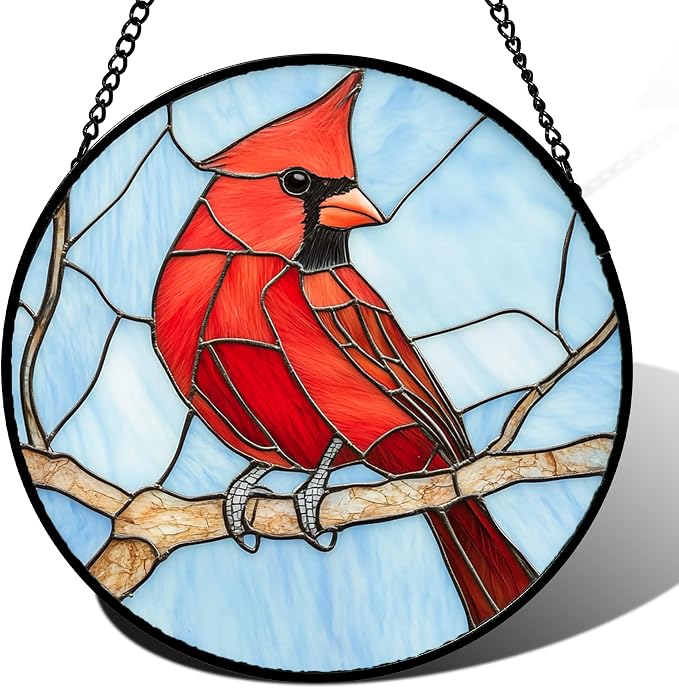 Stained Glass Window Hanging Cardinal Birds 9.8" - Suncatcher Door Garden Sun Catcher Home Decor Christmas Birthday for Bird Lovers Woman Her Nana Wife Men Mom