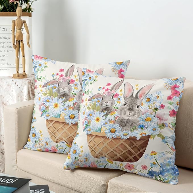 Easter Bunny Pillow Covers 18x18 Spring Rabbit Daisy Floral Throw Pillow Covers A Basket Filled with Lovely Bunny and Flowers Pillowcase Cushion Case for Sofa Patio Garden 2 Pack