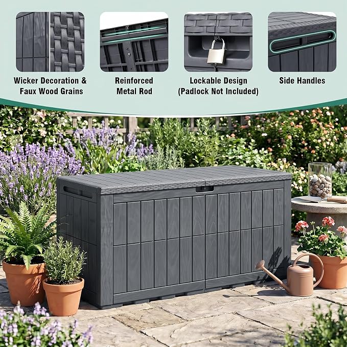 Tangkula 120 Gallon Outdoor Storage Box, Waterproof PP Resin Patio Storage Box with Lockable Lid for Indoor & Outdoor Use, 2-in-1 Rattan Design Deck Box for Cushions, Garden Tools