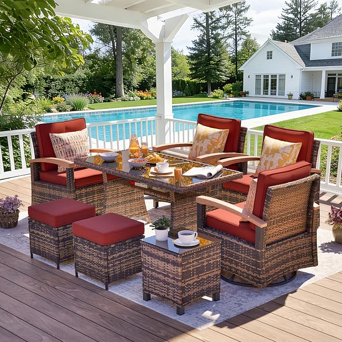 MEISSALIVVE 8 Pieces Patio Furniture Sets, PE Wicker Outdoor Conversation Sets with 2 Wood Armrests Swivel Rocker Chairs, 2 Fixed Single Chairs, 2 Ottomans and Dining Table(Red)