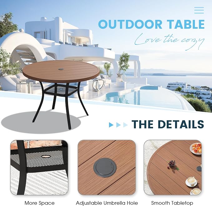 5 Pieces Outdoor Patio Dining Set, 40.6" All Weather Round Metal Table with Umbrella Hole and Storage Shelf, 4 High Back Textilene Swivel Chairs for Garden, Lawn, Walnut Table & Brown Chairs