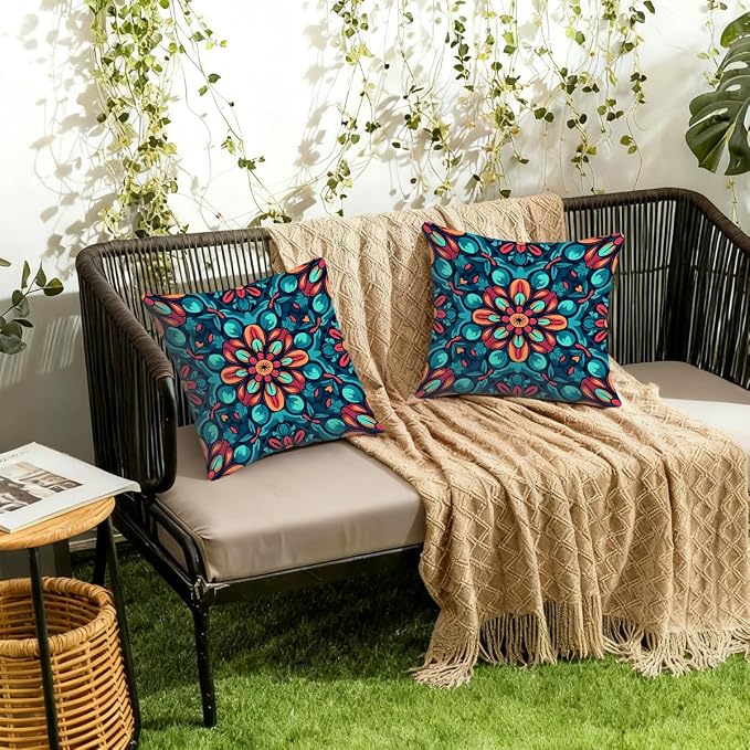 16x16 Inch Outdoor Pillow Covers Set of 2 Waterproof Throw Pillow Covers Decorative Couch Cushion Covers Boho Mandala Floral Square Pillowcases Protectors for Patio Garden Sofa