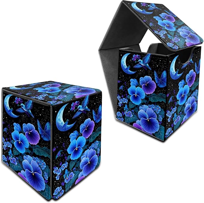 Deck Box for MTG, Cards Storage Box Fits 120+ Sleeved, Leather Medium Size Strong Magnetic Closing Card Case for Board Games Magic TCG CCG Baseball Collection, Blue Flower Bird