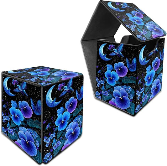 Deck Box for MTG, Cards Storage Box Fits 120+ Sleeved, Leather Medium Size Strong Magnetic Closing Card Case for Board Games Magic TCG CCG Baseball Collection, Blue Flower Bird