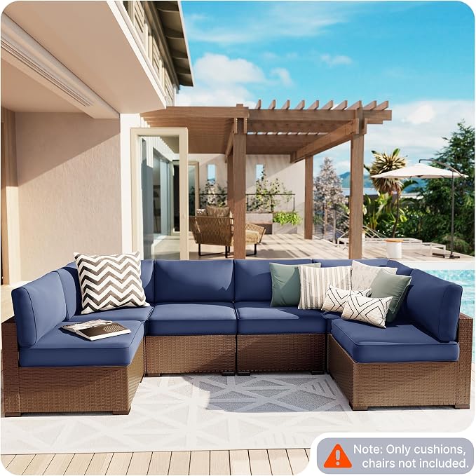 SUNCOZE 14-Piece Outdoor Cushions for Patio Furniture, 25.6"x25.6" Couch Cushion Replacement Designed for 6-Seat Sectional Sofa Sets, Anti-Slip Patio Cushions for Garden, Backyard, Porch (Blue) | 25.6"x25.6" Couch Cushion Designed for 6-Seat Sectional ...