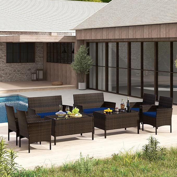 Tangkula 8 Piece Patio Rattan Conversation Set, Outdoor Wicker Furniture Set with Chair, Loveseat & Tempered Glass Table, Cozy Seat Cushions, Outside Sectional Sofa Set for Backyard, Porch