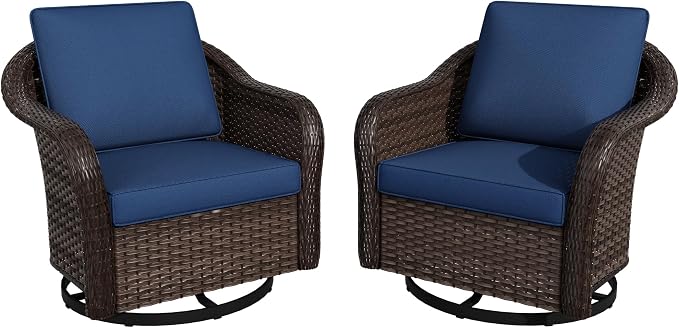 Outdoor Wicker 360 Degree Swivel Glider Rocker Chairs Set, Patio Conversation Furniture Set with Washable Cushions for Garden, Poolside (Navy Blue)